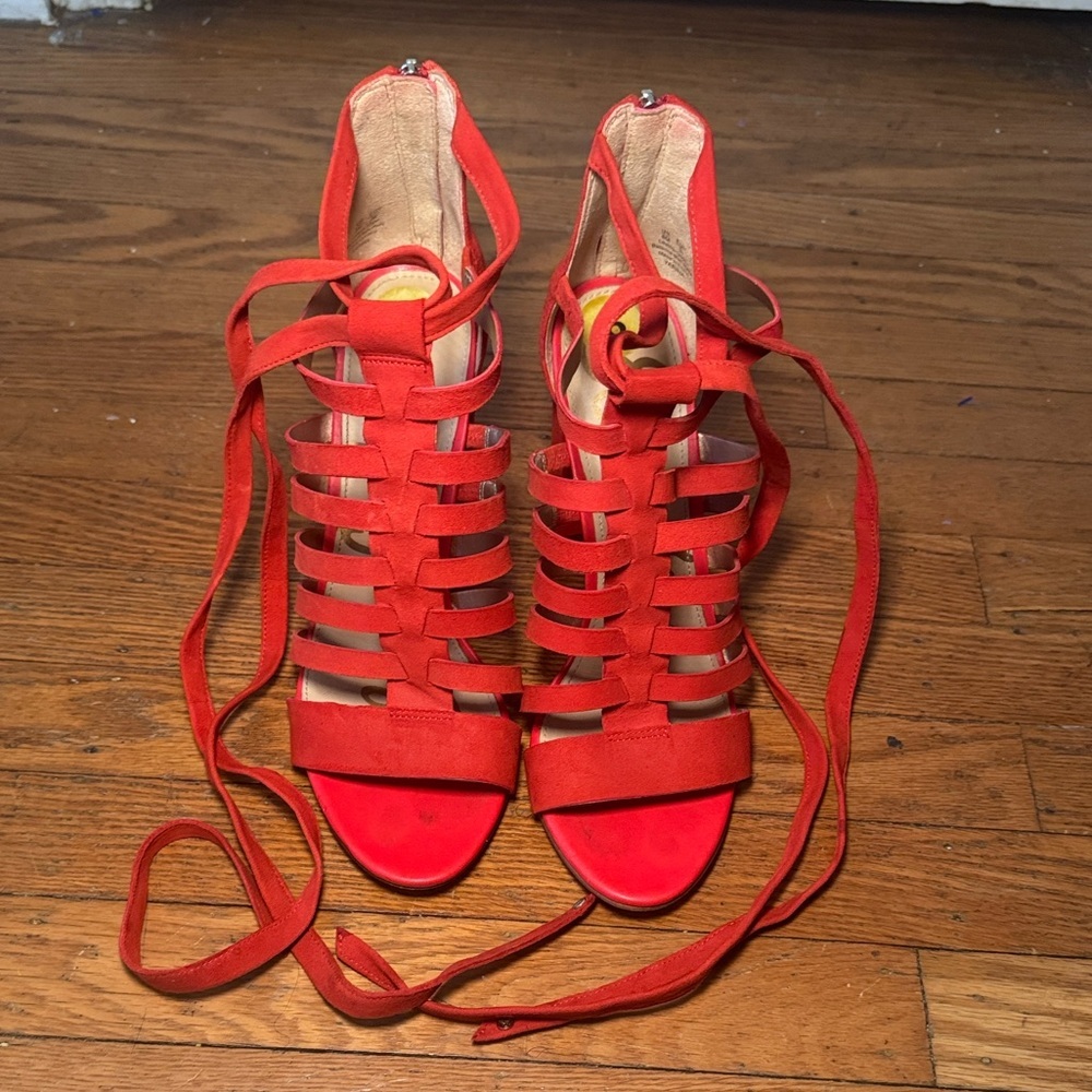 Gorgeous Sam Edelman Red Yarina Leather Chunky Heel Strappy Sandals Size 8 - Picture 6 of 11